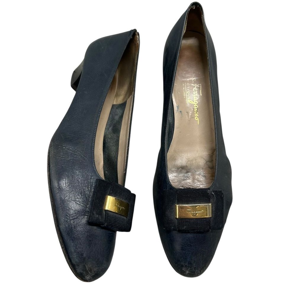 Vintage Salvatore Ferragamo black leather ballet flats with gold hardware